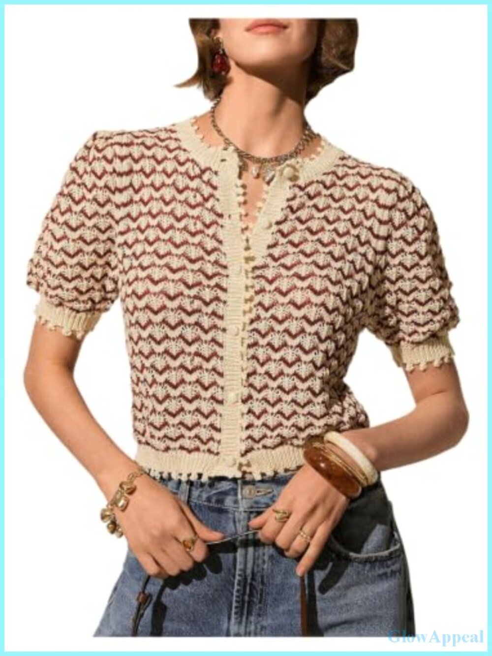 Striped Short Sleeve Cropped Cardigan Button Down Knit Sweater